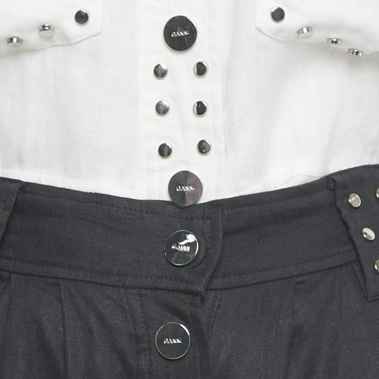 Pre Owned Ganni White /Black Linen Stud Detail Top & Skirt Set S/XS 