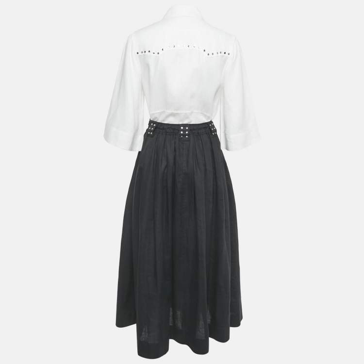 Pre Owned Ganni White /Black Linen Stud Detail Top & Skirt Set S/XS 