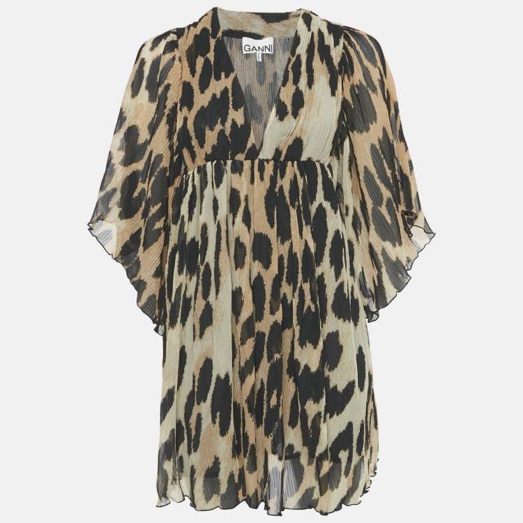 Pre Owned Ganni Brown Leopard Print Plissé Crepe de Chine Mini Dress XXS/XS