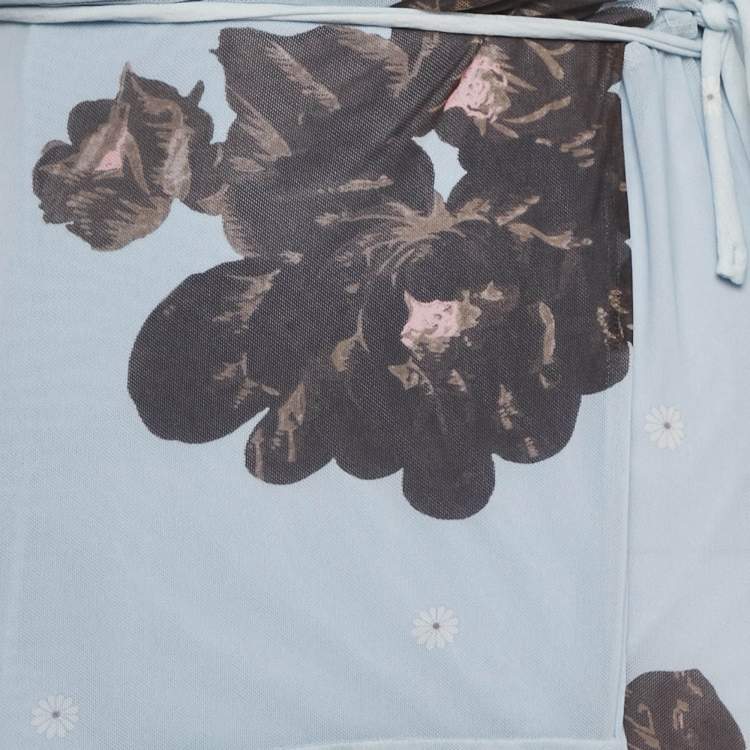Pre Owned Ganni Light Blue Floral Print Mesh Wrap Around Midi Dress S