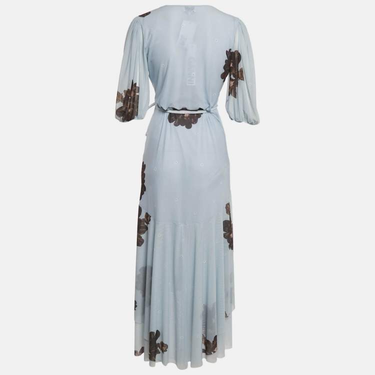 Pre Owned Ganni Light Blue Floral Print Mesh Wrap Around Midi Dress S