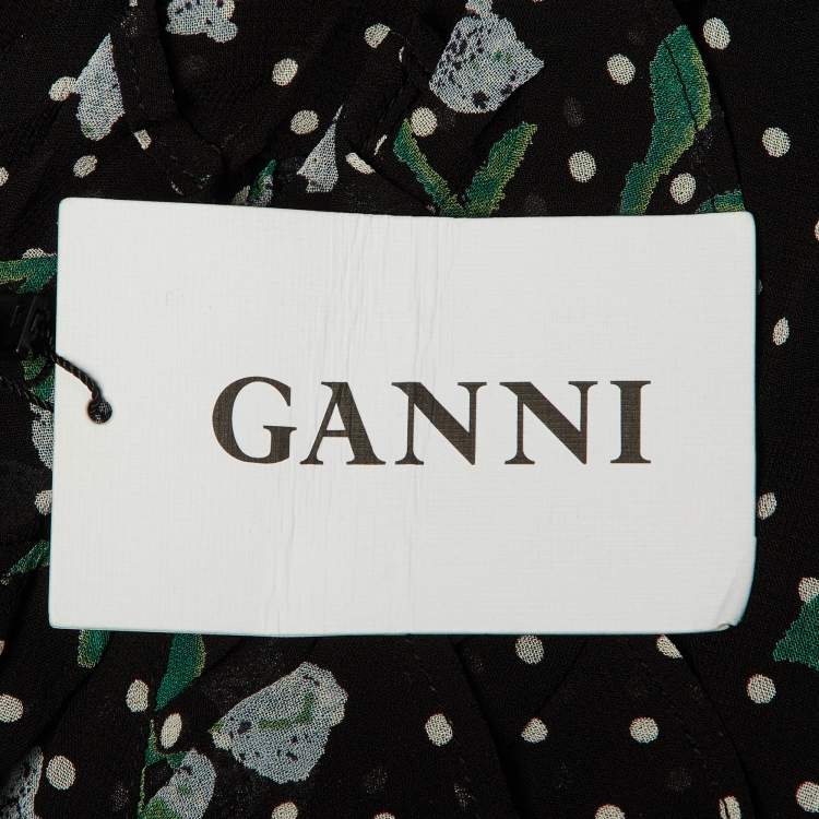 Pre Owned Ganni Black Polka Dot Floral Printed Chiffon Mini Dress S