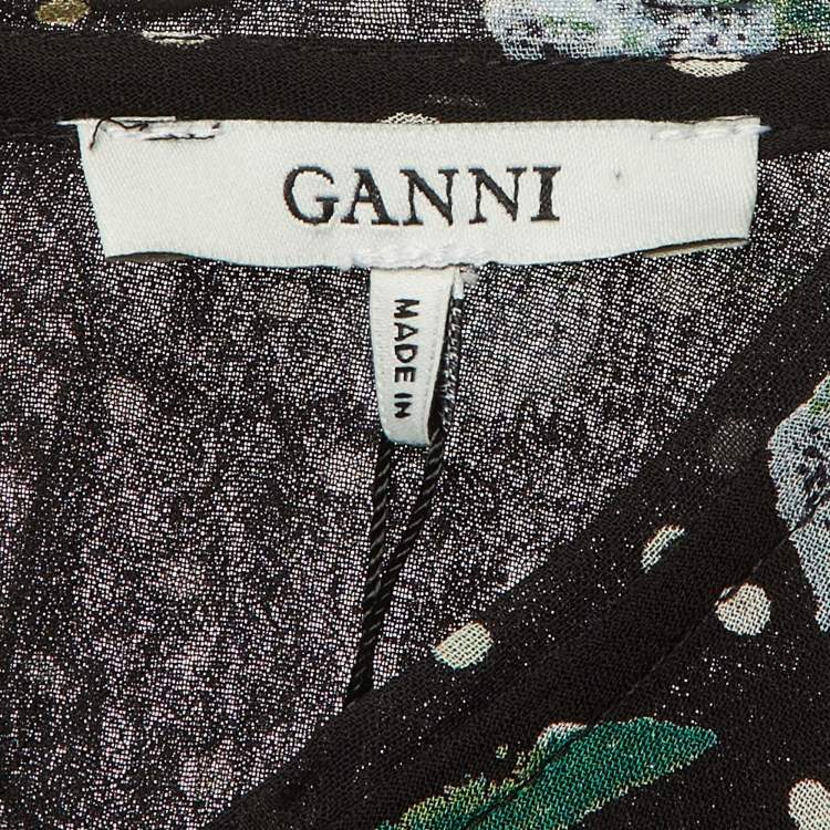 Pre Owned Ganni Black Polka Dot Floral Printed Chiffon Mini Dress S
