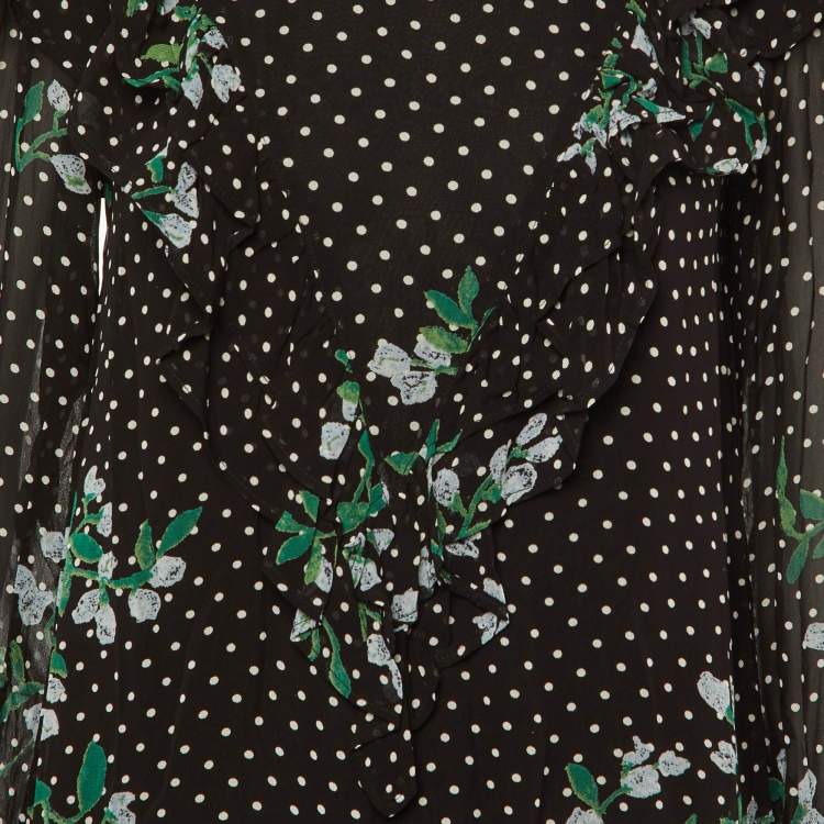 Pre Owned Ganni Black Polka Dot Floral Printed Chiffon Mini Dress S