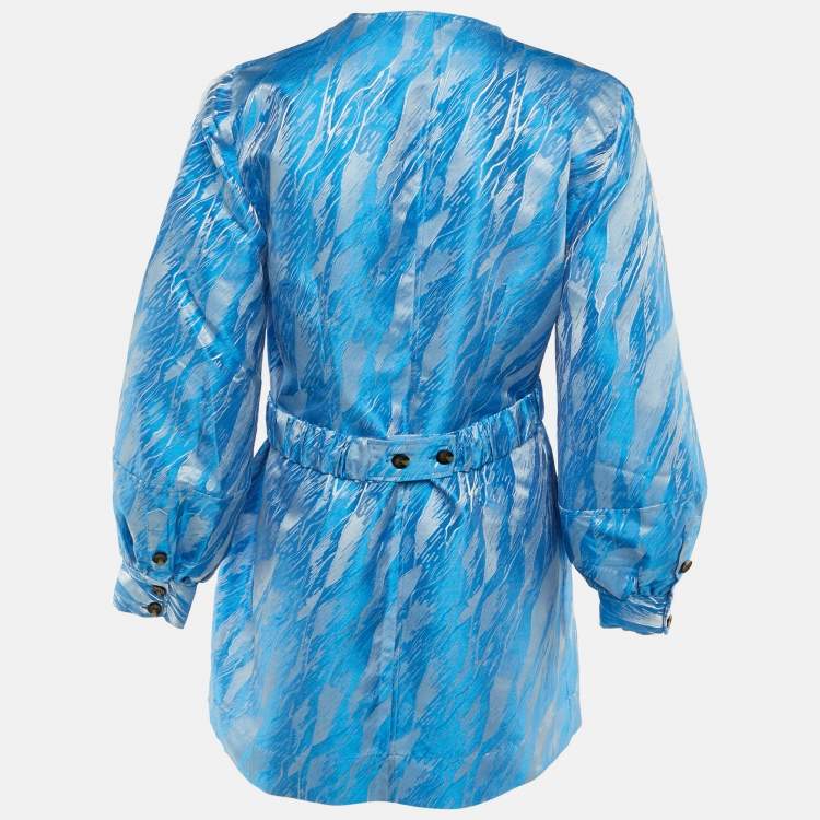 Pre Owned Ganni Blue /Silver Jacquard Wrap Mini Dress M 