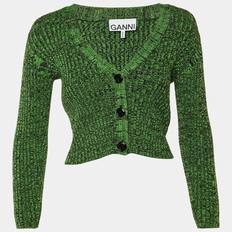 Pre Owned Ganni Green Rib Knit Button Front Cardigan XS