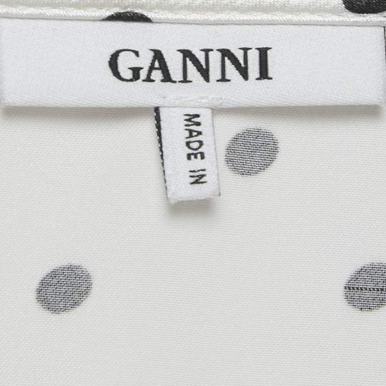 Pre Owned Ganni White Polka Dots Print Satin Ruffled Midi M
