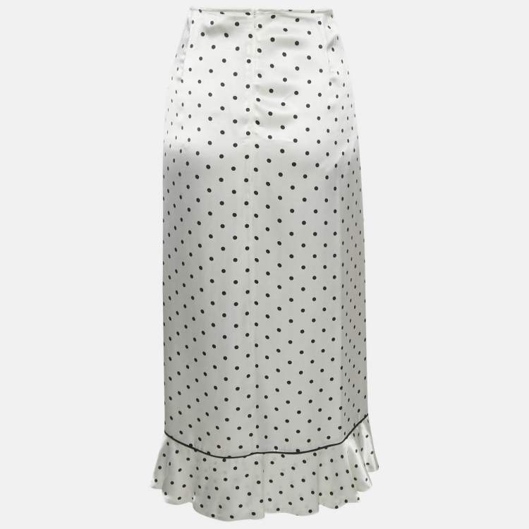 Pre Owned Ganni White Polka Dots Print Satin Ruffled Midi M
