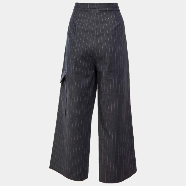 Pre Owned Ganni Grey Striped Crepe Trousers L