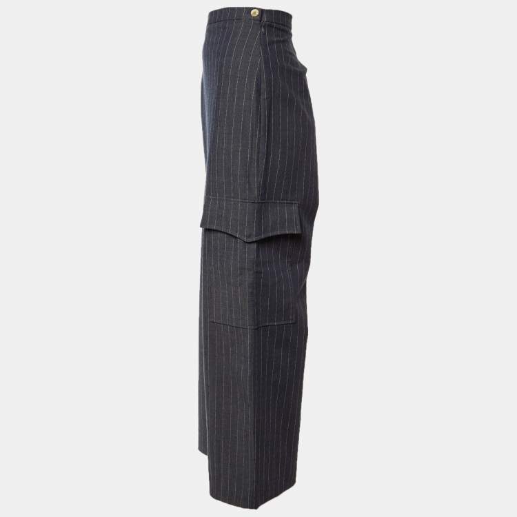 Pre Owned Ganni Grey Striped Crepe Trousers L