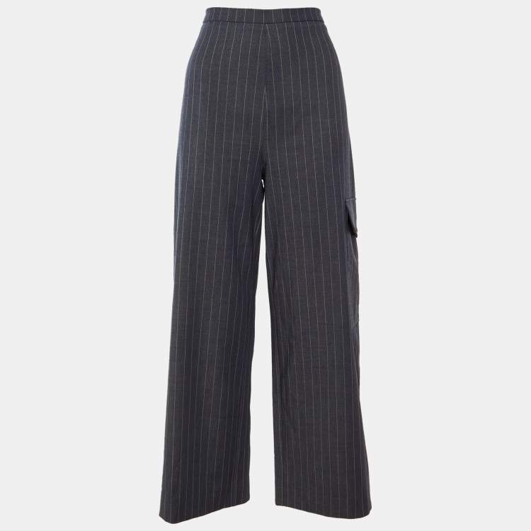Pre Owned Ganni Grey Striped Crepe Trousers L