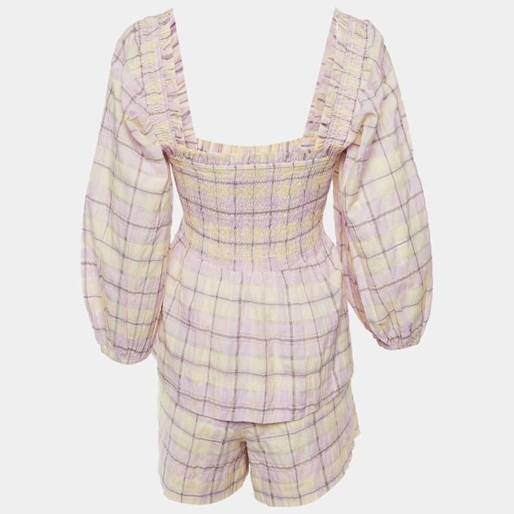 Pre Owned Ganni Lilac Checked Cotton Peplum Top & Shorts Set M/L
