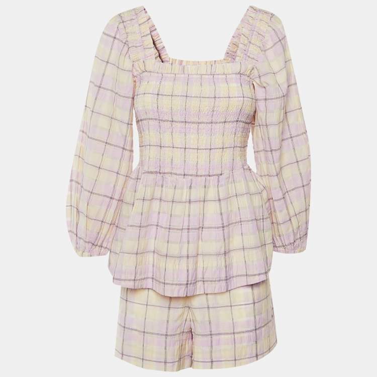 Pre Owned Ganni Lilac Checked Cotton Peplum Top & Shorts Set M/L