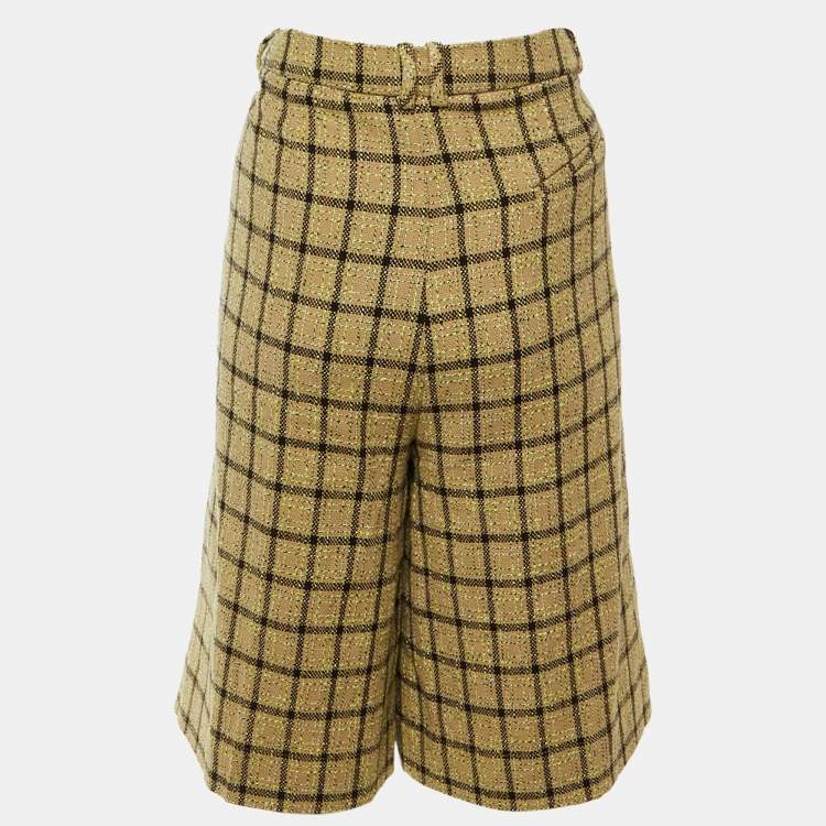 Pre Owned Ganni Beige Checked Cotton Pleated Relaxed Fit Shorts XL