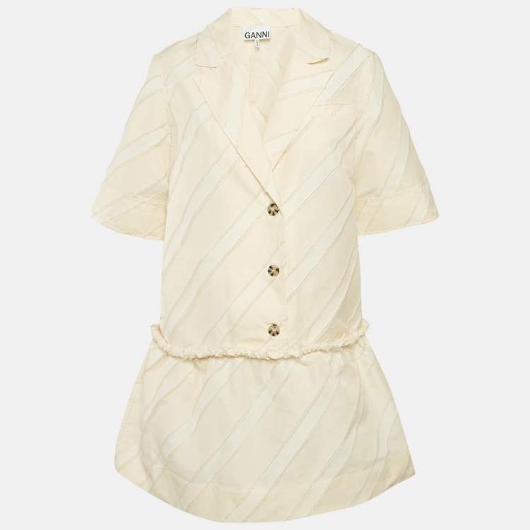 مملوكة مسبقًا Ganni Cream Diagonal Stripe Crepe Frayed Mini Dress S