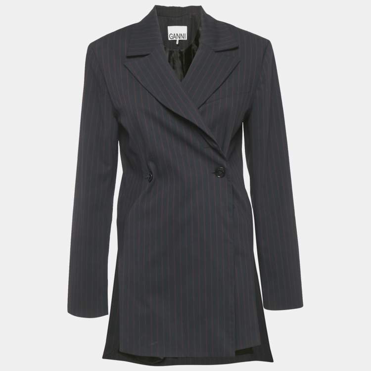 Pre Owned Ganni Navy Blue Asymmetric Pinstriped Twill Blazer S