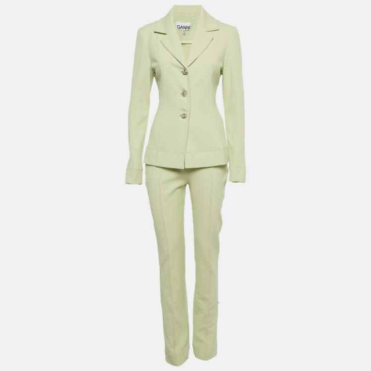 مملوكة مسبقًا Ganni Light Green Twill Notched Lapel Blazer and Pants Suit S