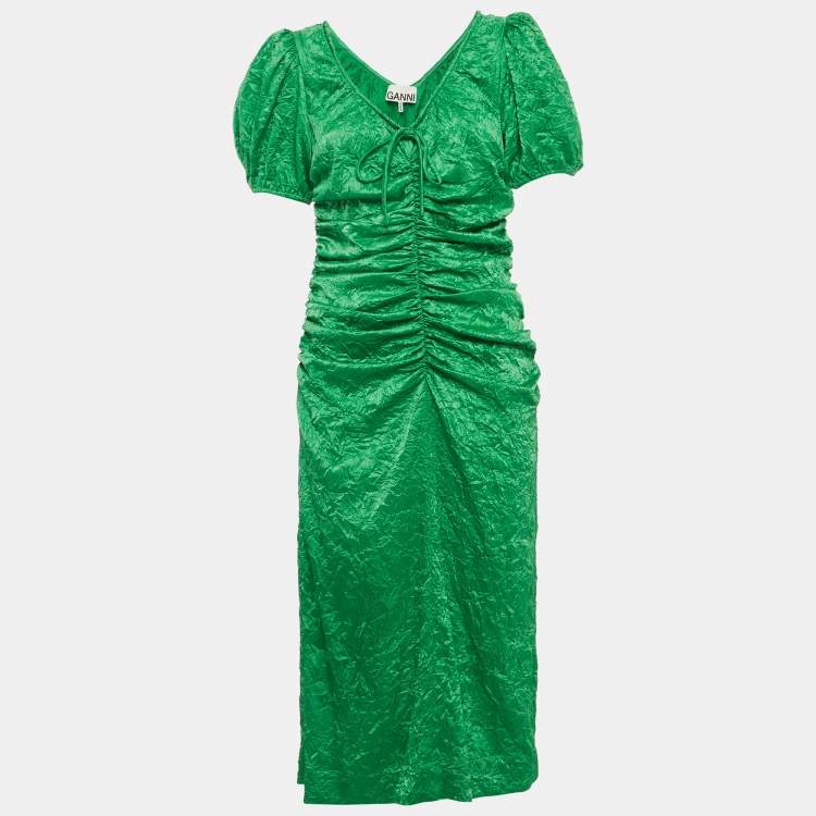 Pre Owned Ganni Green Crinkled Satin Ruche Detail Midi Dress M