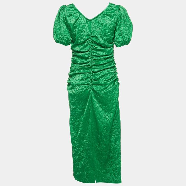 Pre Owned Ganni Green Crinkled Satin Ruche Detail Midi Dress M