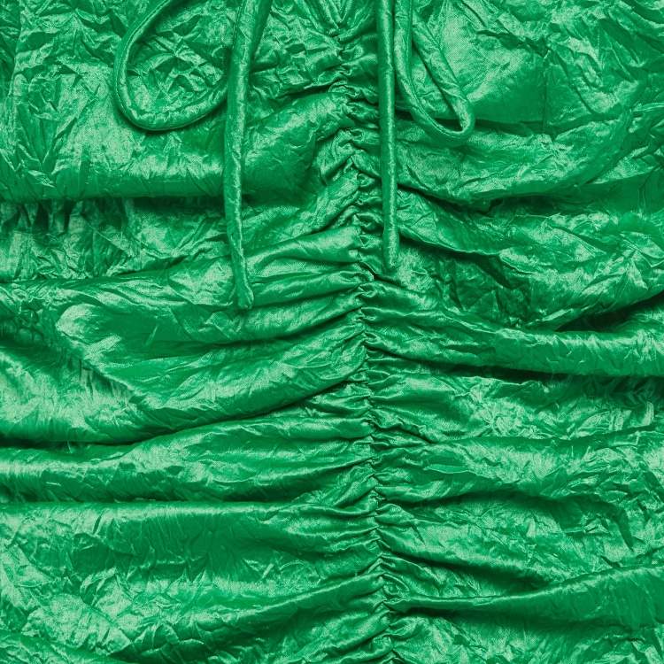 Pre Owned Ganni Green Crinkled Satin Ruche Detail Midi Dress M