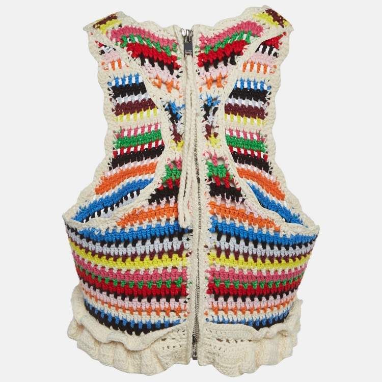 Pre Owned Ganni Multicolor Striped Crochet Frilled Crop Top XS