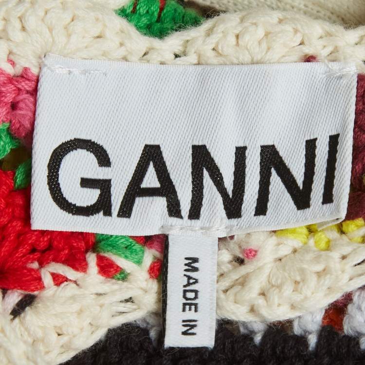 Pre Owned Ganni Multicolor Striped Crochet Frilled Crop Top XS