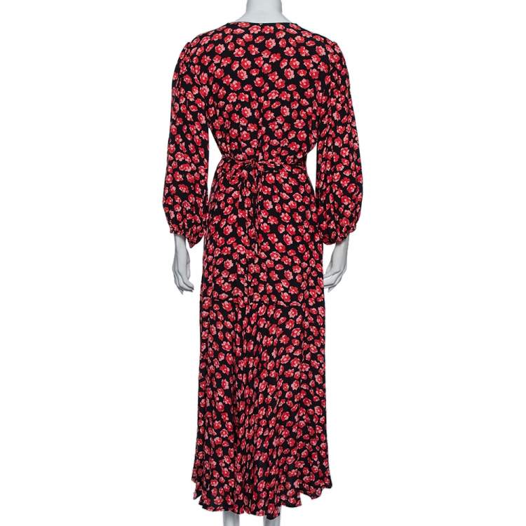 Pre Owned Ganni Black Floral Printed Crepe Balloon Sleeve Detail Wrap Dress M