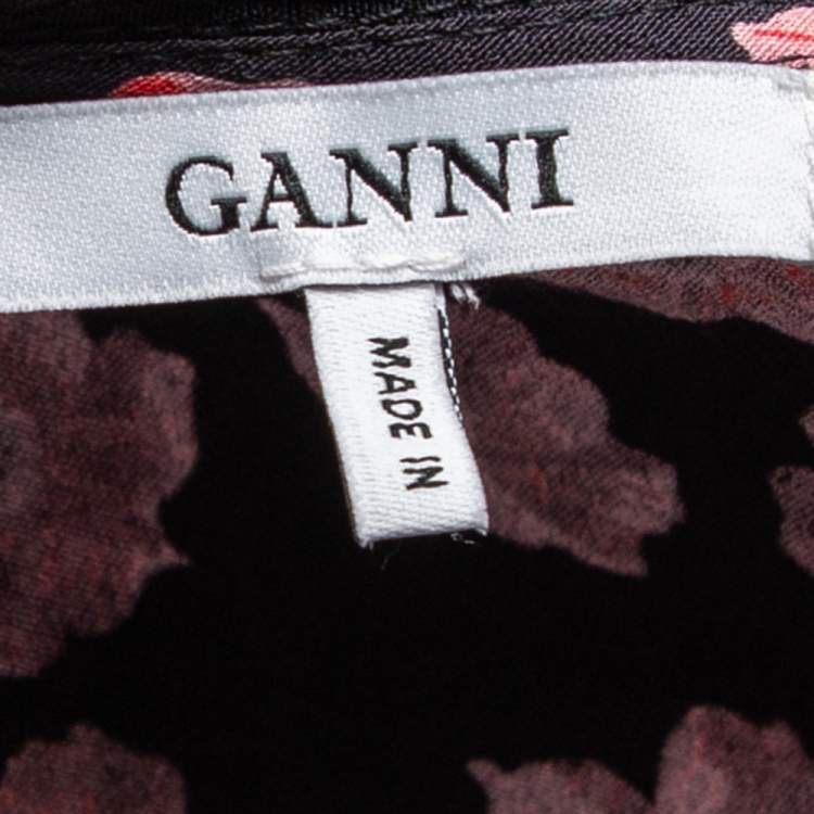 Pre Owned Ganni Black Floral Printed Crepe Balloon Sleeve Detail Wrap Dress M