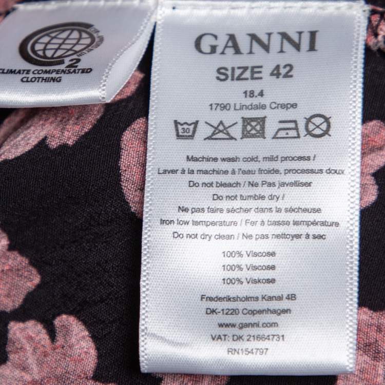 Pre Owned Ganni Black Floral Printed Crepe Balloon Sleeve Detail Wrap Dress M