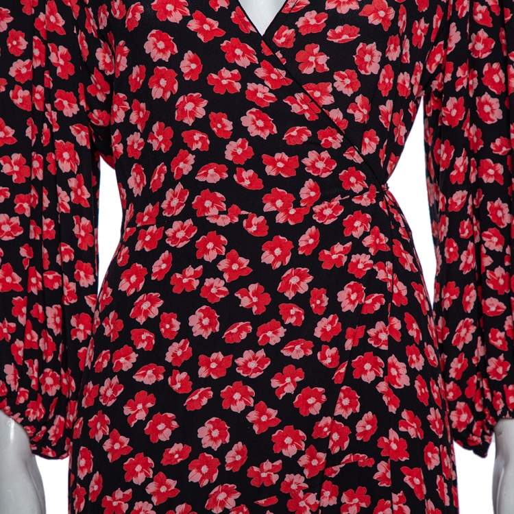 Pre Owned Ganni Black Floral Printed Crepe Balloon Sleeve Detail Wrap Dress M