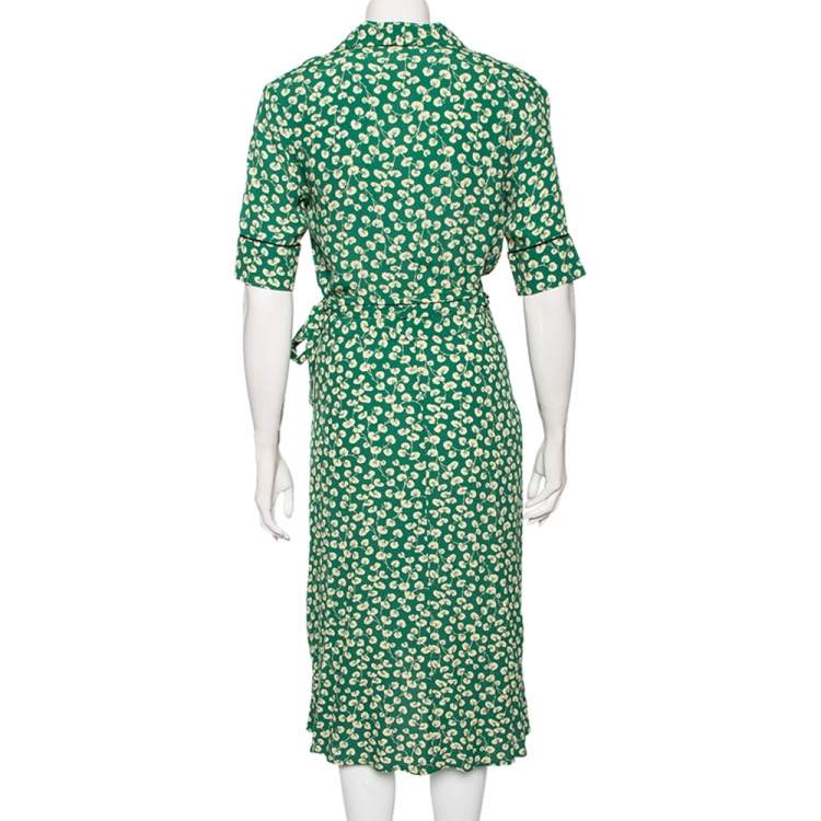 Pre Owned Ganni Green Floral Printed Crepe Dalton Wrap Dress M