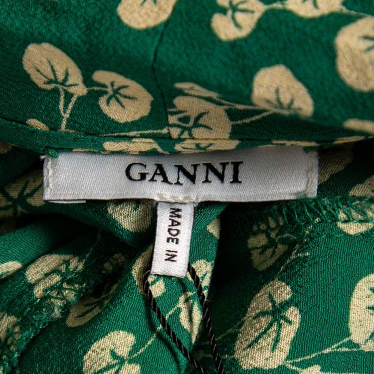 Pre Owned Ganni Green Floral Printed Crepe Dalton Wrap Dress M