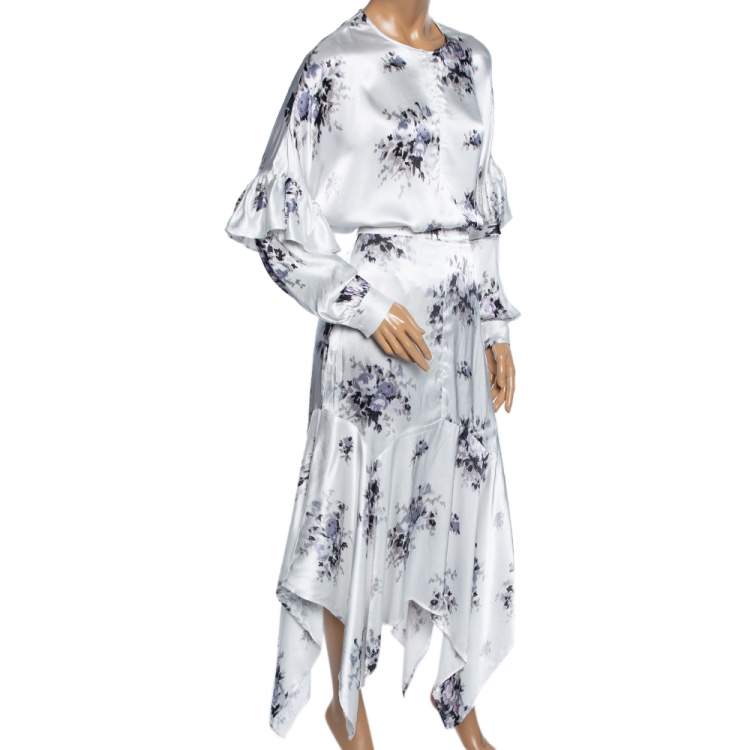 Pre Owned Ganni White Floral Printed Satin Cameron Blouse & Handkerchief Hem Skirt Set M