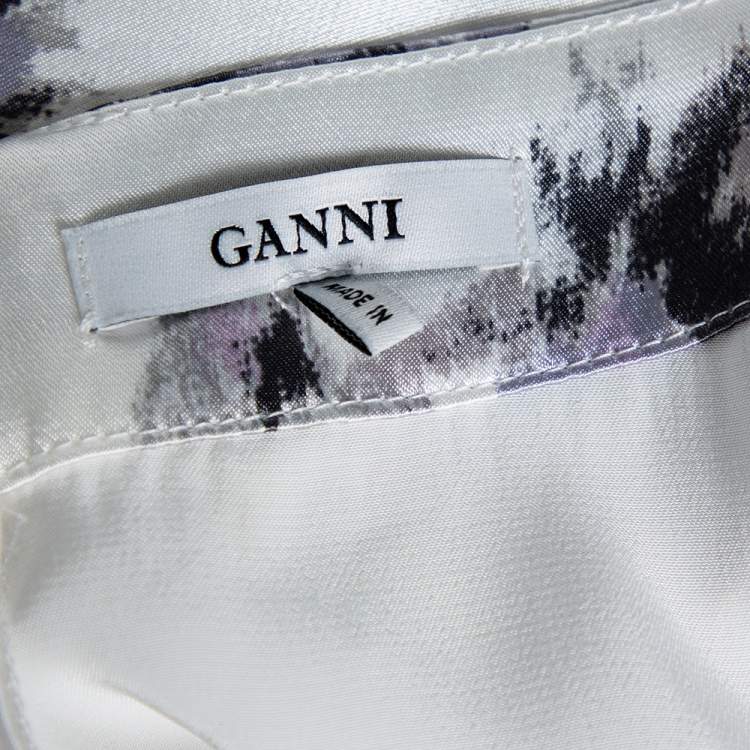 Pre Owned Ganni White Floral Printed Satin Cameron Blouse & Handkerchief Hem Skirt Set M