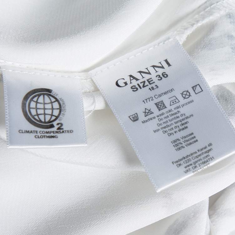 Pre Owned Ganni White Floral Printed Satin Cameron Blouse & Handkerchief Hem Skirt Set M