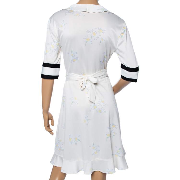 Pre Owned Ganni Cream Floral Printed Pique Dubois Wrap Dress L