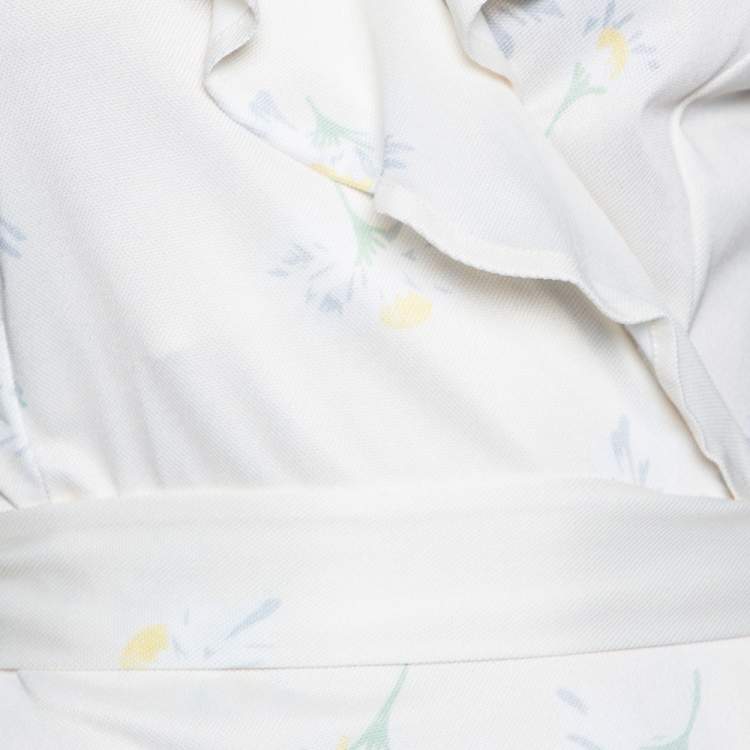 Pre Owned Ganni Cream Floral Printed Pique Dubois Wrap Dress L