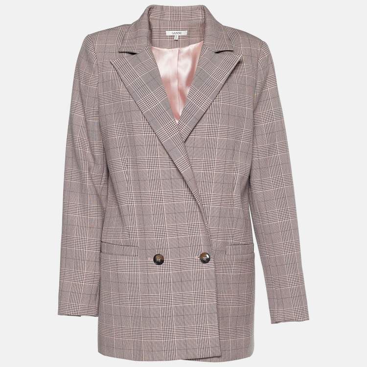Pre Owned Ganni Pink Plaid Hewitt Double Breasted Cady Blazer XS