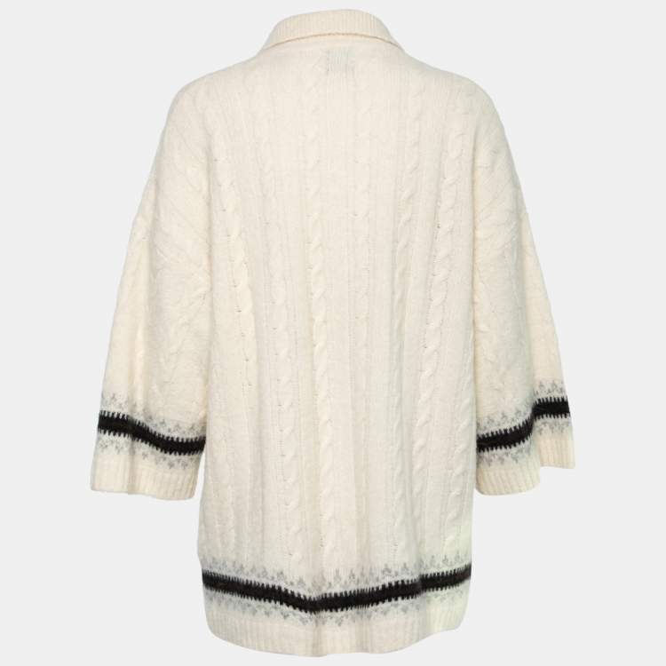 Pre Owned Ganni Off-White Alpaca Cable-Knit Polo Sweater Top L