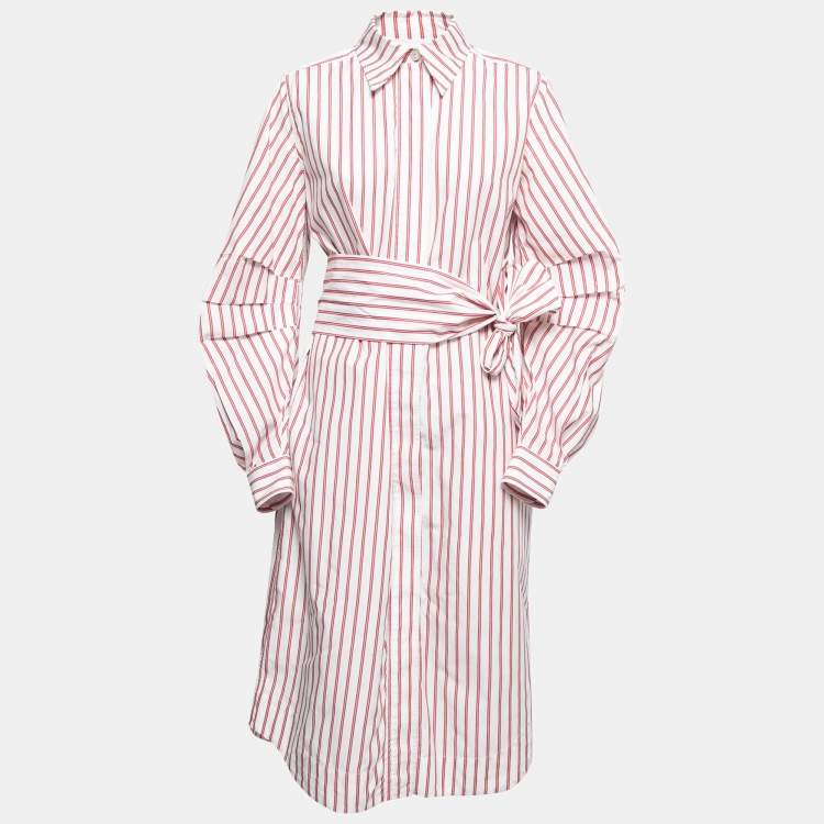 Pre Owned Ganni Red Striped Cotton Poplin Belted Shirt Dress S
