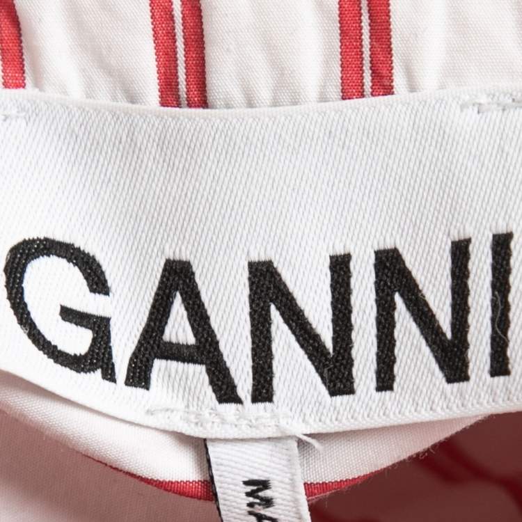 Pre Owned Ganni Red Striped Cotton Poplin Belted Shirt Dress S