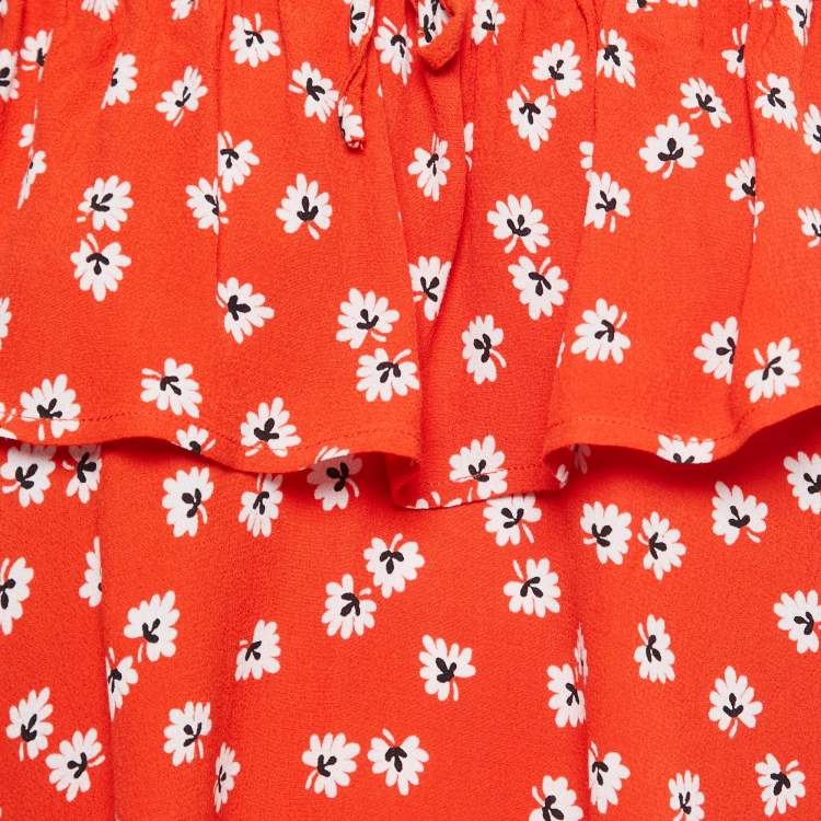 Pre Owned Ganni Orange Floral Printed Crepe Ruffled Top S