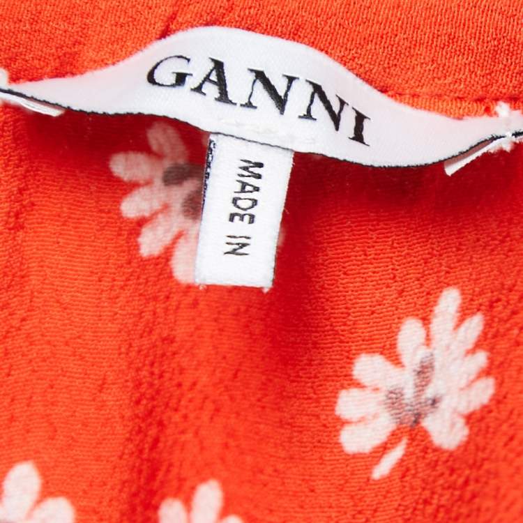 Pre Owned Ganni Orange Floral Printed Crepe Ruffled Top S
