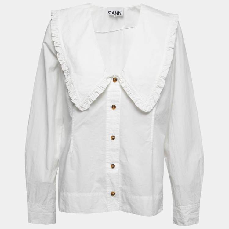 Pre Owned Ganni White Cotton Oversized Ruffled Collar Shirt L