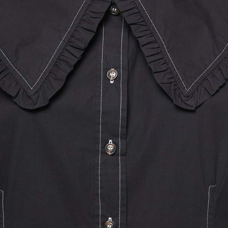 Pre Owned Ganni Black Cotton Ruffled Collar Sleeveless Top L