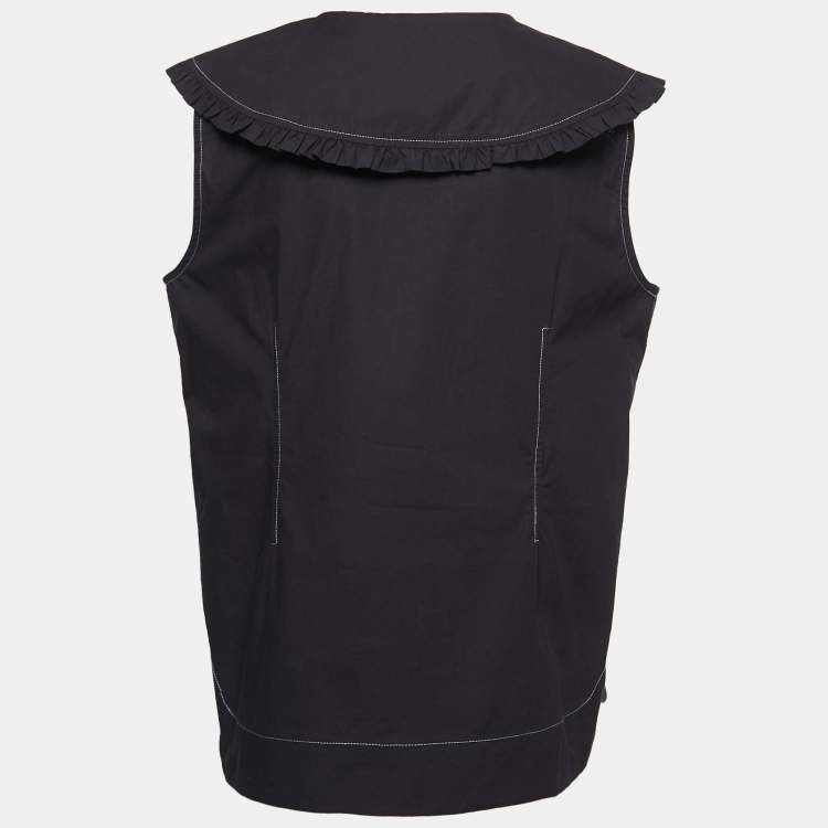 Pre Owned Ganni Black Cotton Ruffled Collar Sleeveless Top L