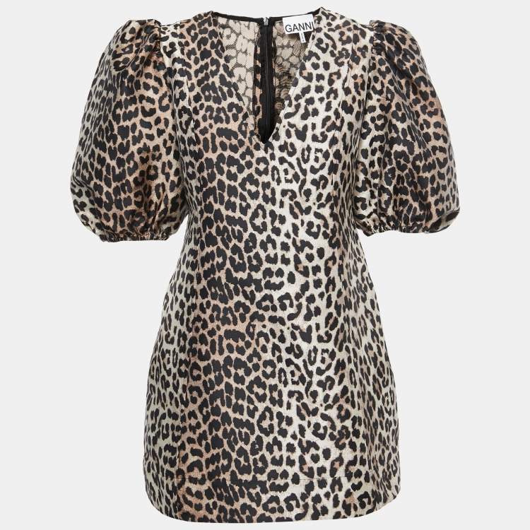 Pre Owned Ganni Brown Animal Print Jacquard Puff Sleeve Mini Dress M