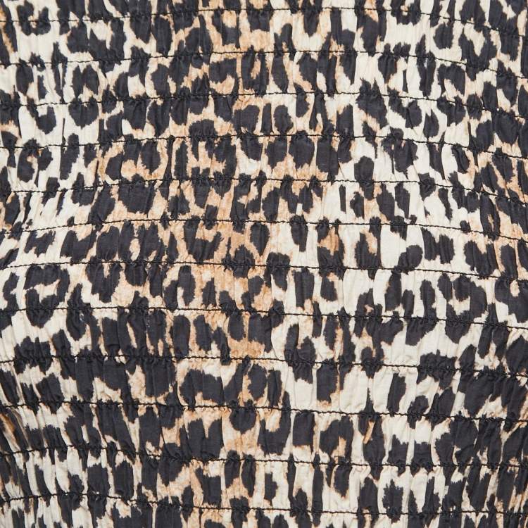 Pre Owned Ganni Brown Leopard Print Cotton & Silk Smocked Peplum Blouse S
