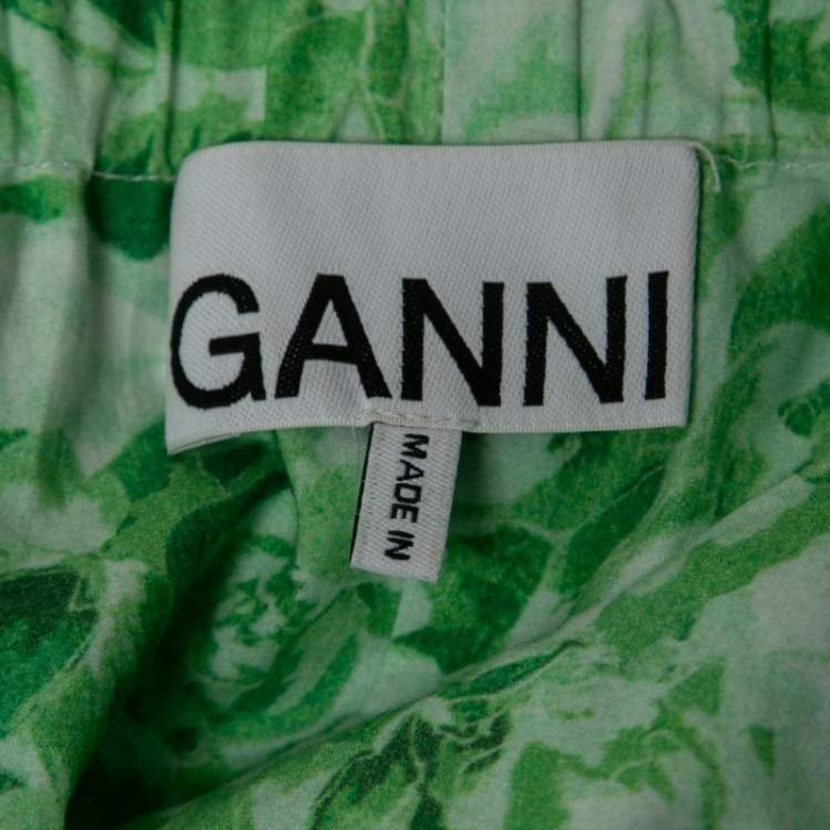 Pre Owned Ganni Green Floral Printed Cotton Blouse S