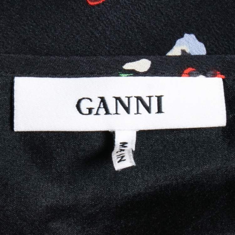 Pre Owned Ganni Black Print Silk Nolana Wrap On Midi Skirt L